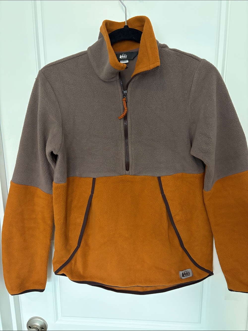 REI Two-Tone Half-Zip Fleece Pullover in Brown & Rust Orange